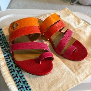 Tory Burch Kira orange & pink sandals with toe strap, size 8 1/2